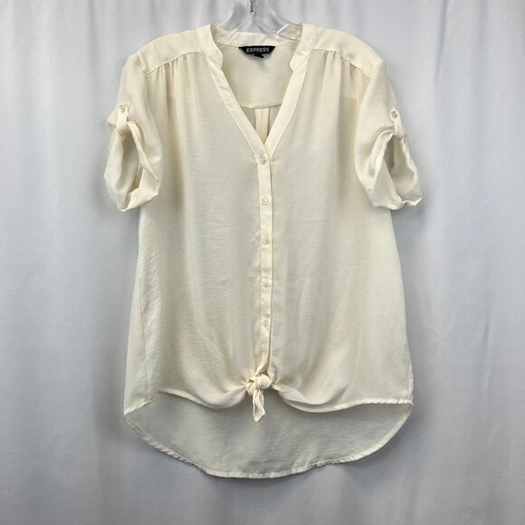 Express Womens Cream Short Roll Tab Sleeve Knot Front Button-Up Shirt Size Small - Picture 1 of 9